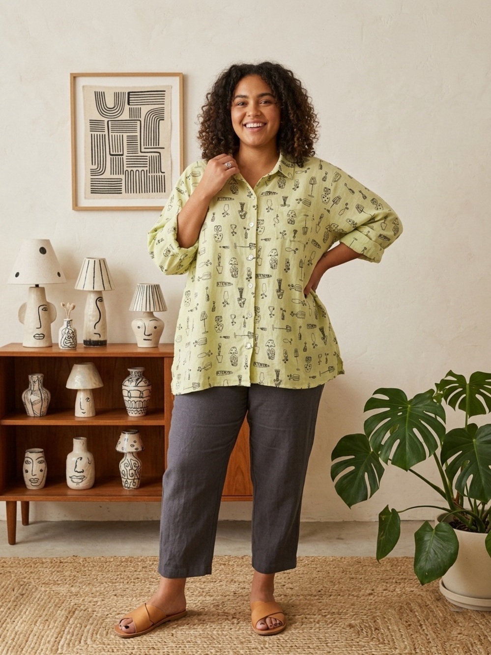 Fenini Linen Pottery and Lamp Doodle Print Button Front Top Green 2X - Picture 2 of 10